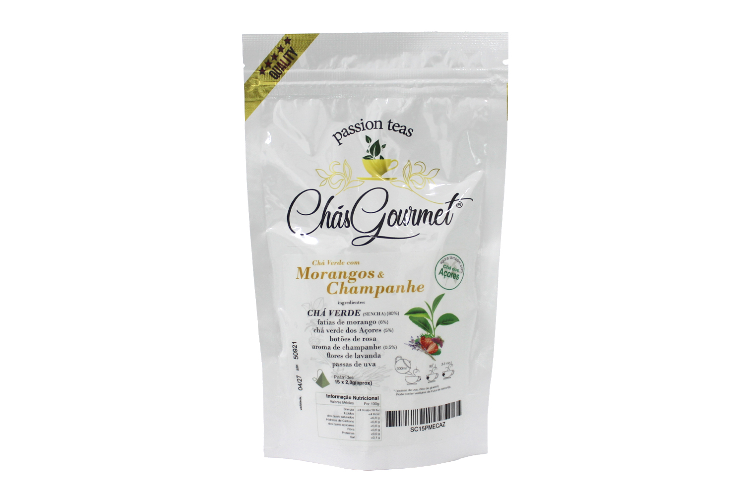 CHÁ VERDE c/ MORANGOS & CHAMPANHE (pirâmide) — 15 Piramides